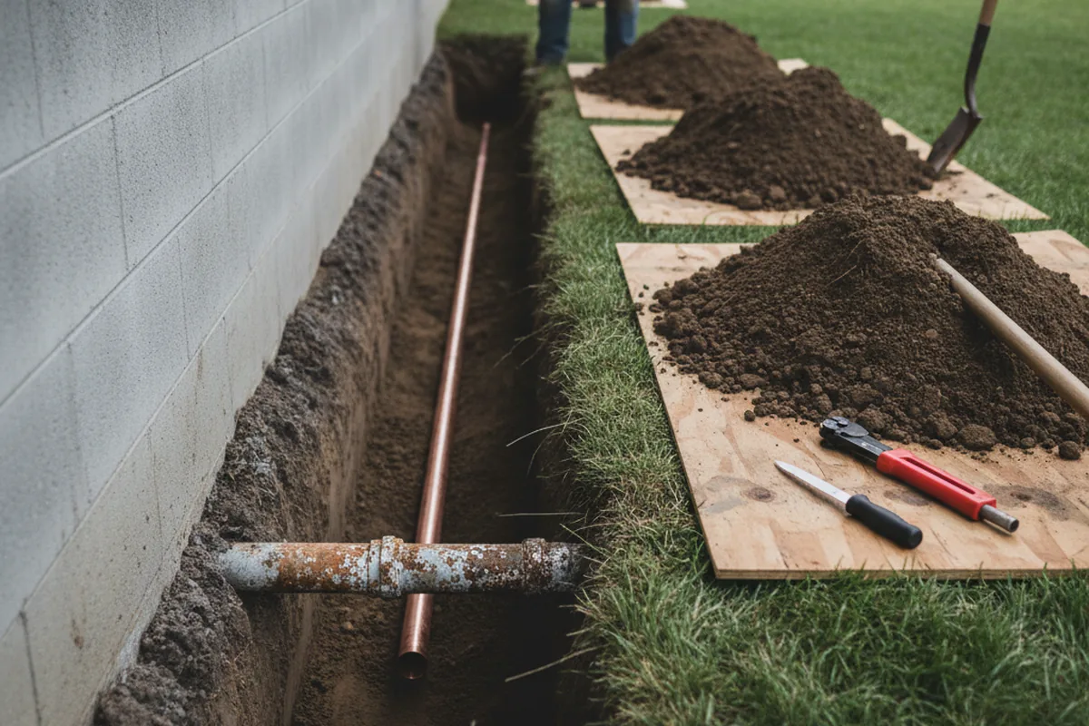 Excavated water line trench during Sewer Line Repair in Sartell